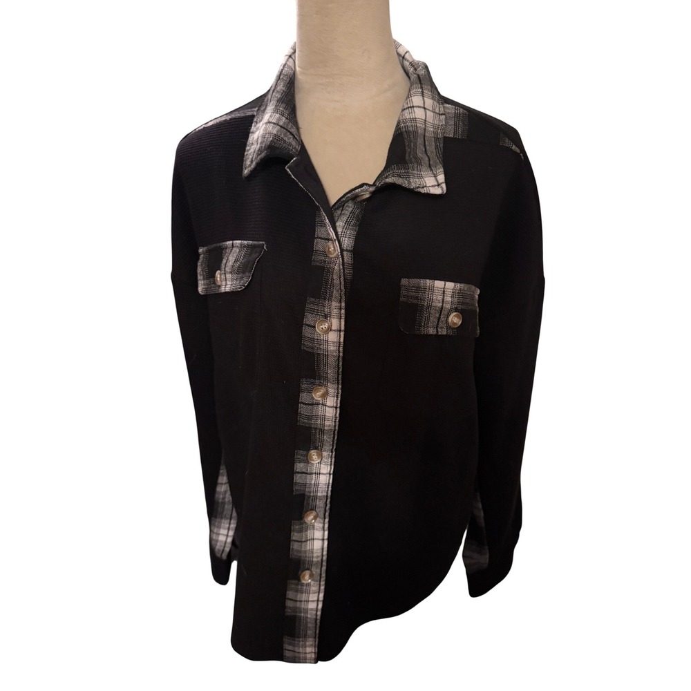 Live Love Gameday Womens Black Waffle Knit Plaid Trim Button Up Shirt‎ Large